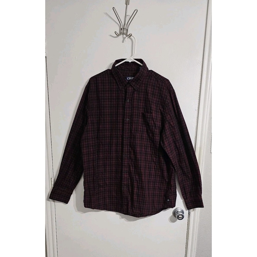 Chaps Men's Easy Care Twill Shirt XL Button Down Maroon Black‎ Plaid Preppy